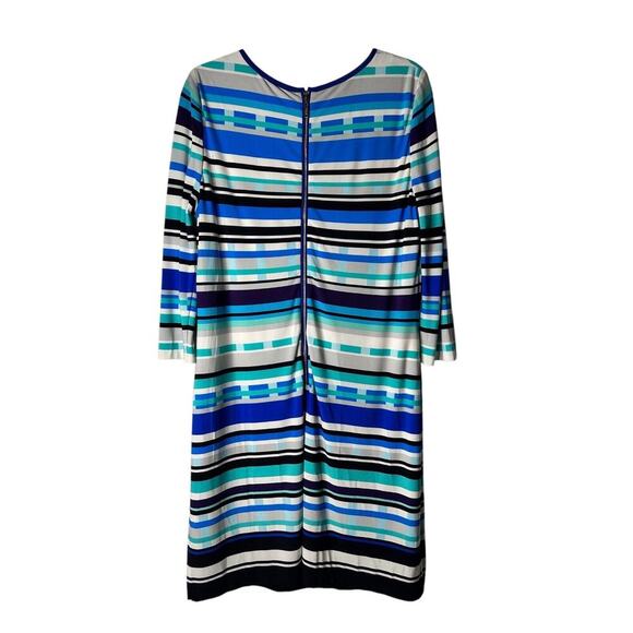 Eliza J Dress Size 14 Blue White Geometric Striped 3/4 Sleeve Knit Casual Shift - Picture 4 of 13